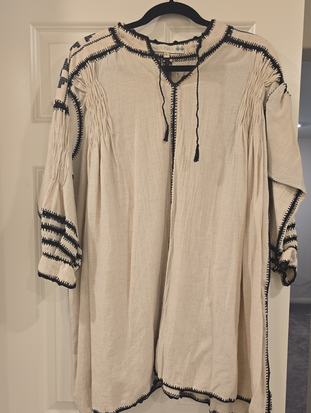 Carolina K Embroidered Cream Peasant Tunic with Black Stitching